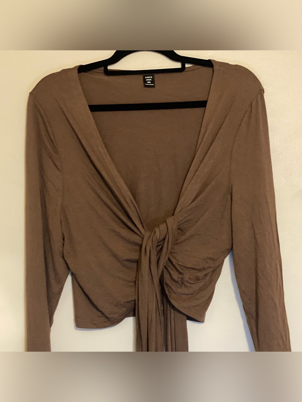 Plus size Brown Tie-Front Long Sleeve Crop Top